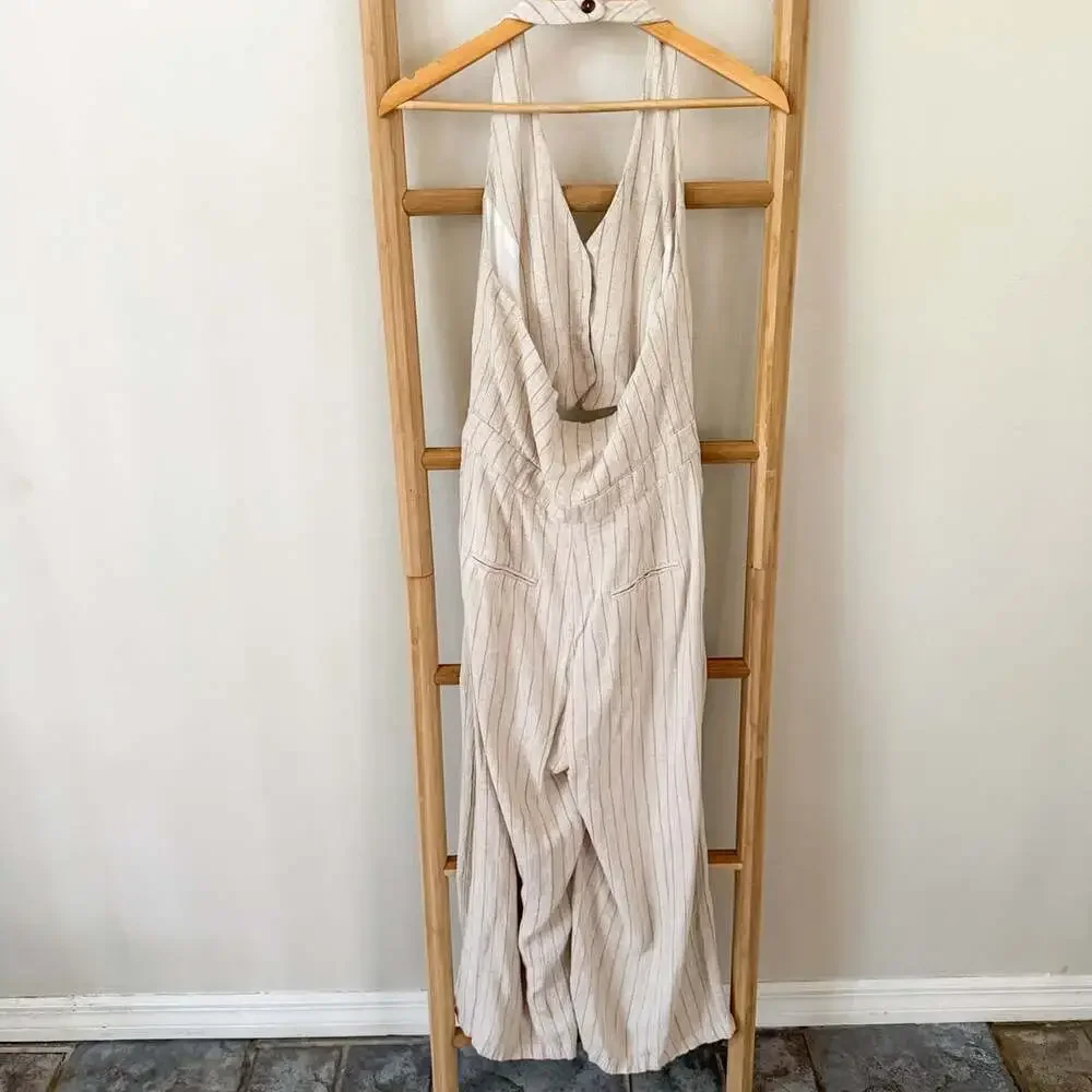 Zara Striped Linen Blend Rustic Halter Jumpsuit Beige Ecru Wide Leg Medium